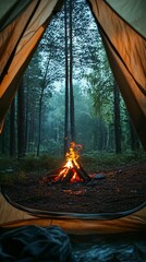 a tent at a campfire, dark ominous woods in the background, night, horror setting forest,