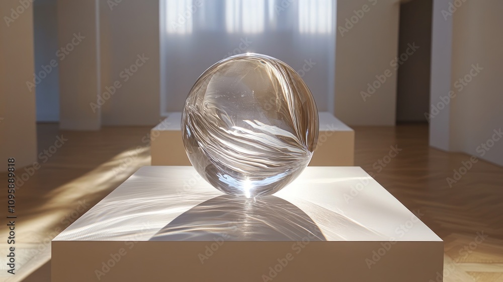 Poster a clear glass sphere with swirling patterns, illuminated in a minimalist gallery setting.