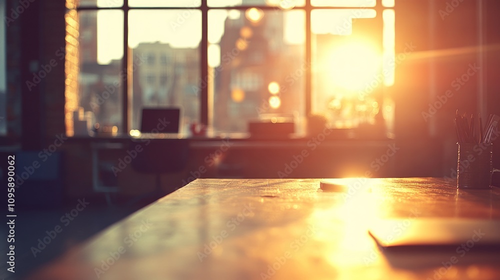 Poster a sunlit workspace with a desk and large windows, creating a warm, inviting atmosphere.