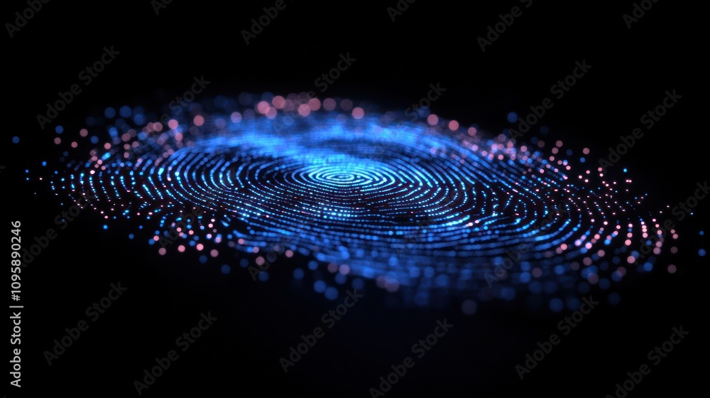 Poster abstract representation of a fingerprint pattern made of glowing dots in blue and pink hues.