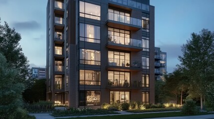 Fototapeta premium Modern Apartment Building at Dusk
