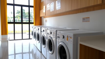 Hostel laundry area, efficient washing machines, guest seating space, bulletin board with etiquette