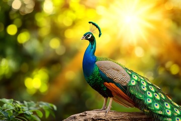 Obraz premium A peacock with its colorful feathers fully spread, shimmering in the sunlight against a garden backdrop