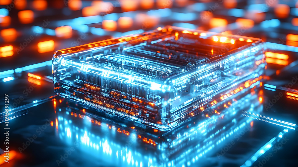 Poster abstract 3d rendering of a futuristic device with blue and orange lights