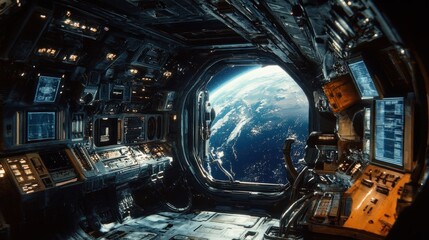 A futuristic spacecraft interior with a view of Earth through a large window.