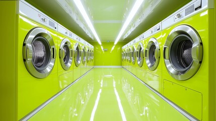 Hostel laundry room, contemporary design, bright lights, accessible multi-language signage, mixed washers