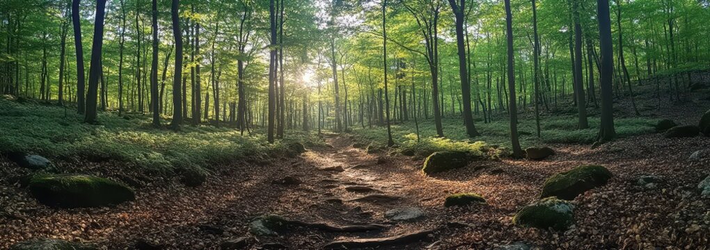 Panoramic view of a lush green forest with tall trees and serene sunlight - Powered by Adobe