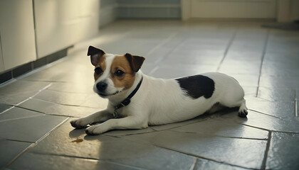 Jack russell terrier dog/ puppy lay down on the floor