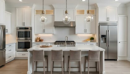 Fototapeta premium A modern and elegant kitchen with a large marble-topped island, pendant lighting, and stainless steel appliances
