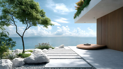 Modern House with Ocean View 3D Illustration
