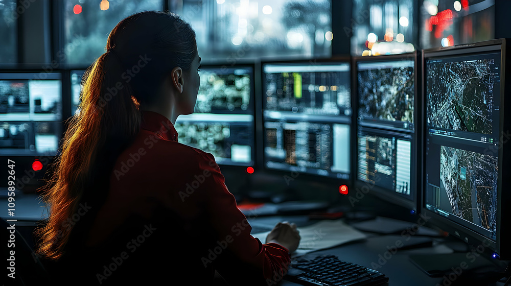 Poster woman working on computer with multiple screens - realistic photo