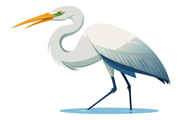 Great egret, Blue Heron on tree branch isolated on white background. Heron bird, marsh fauna. Wild egret with long yellow beak and legs. Gray feathered stork. Design elements for prints.