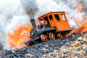 A vintage steam train accident, with its engine overturned and steam rising dramatically