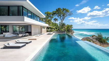 Infinity Pool Overlooking Ocean, Modern Villa, Tropical Landscape Photo