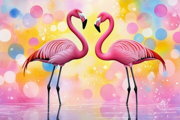 Obraz premium A watercolor painting of a pair of flamingos standing in shallow water, their pink tones softly blending with the background