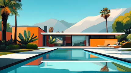 Modern Home with Pool and Mountain View Illustration