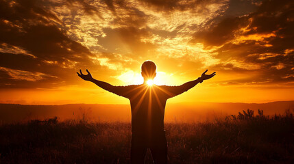 Silhouette of Man with Arms Raised at Sunset -  Photo