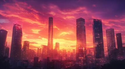 Fototapeta premium Vibrant Sunset Over Lujiazui Skyline in Shanghai