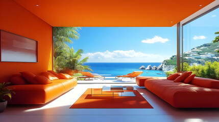 Orange Living Room with Ocean View Illustration