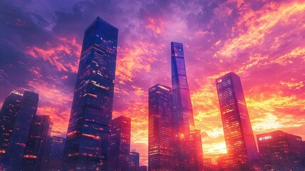 Fototapeta premium Vibrant Sunset Over Lujiazui in Shanghai
