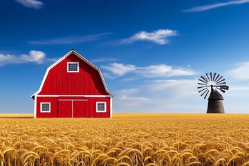 America&acirc;&euro;&trade;s Midwest barn surrounded by golden fields, with a vintage windmill standing nearby