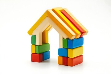 Vibrantly colored wooden blocks create a basic house structure, fostering early childhood growth and imagination