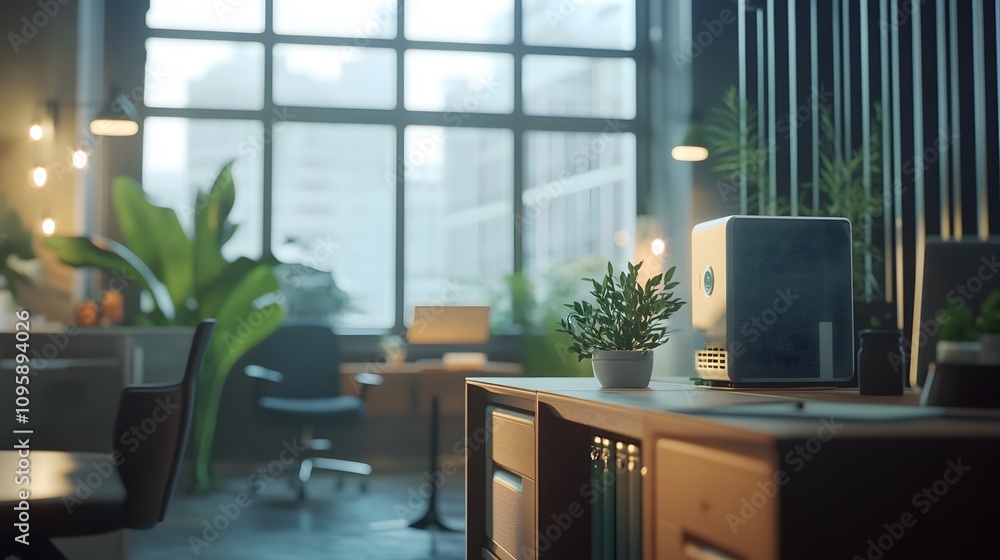 Poster A modern office showcasing IoT-powered air quality sensors that optimize ventilation systems. 4k resolution, Cinematic Scene
