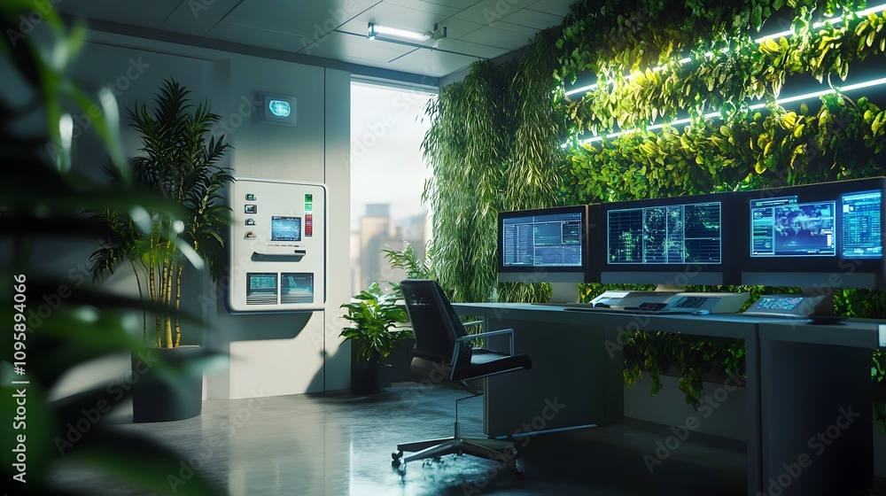 Aufkleber a futuristic workspace with iot devices controlling sustainable office infrastructure. 4k resolution