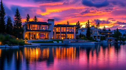 Naklejka premium Modern House with Lake View at Sunset - Realistic Image