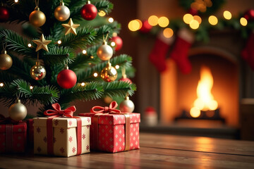 Golden Christmas tree decorated with red and gold ornaments, surrounded by wrapped presents, ready for the holiday season, Christmas background.
