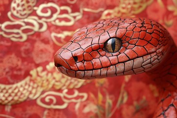 Fototapeta premium The red snake's scales and eye stand out against a classic red and gold lunar new year backdrop
