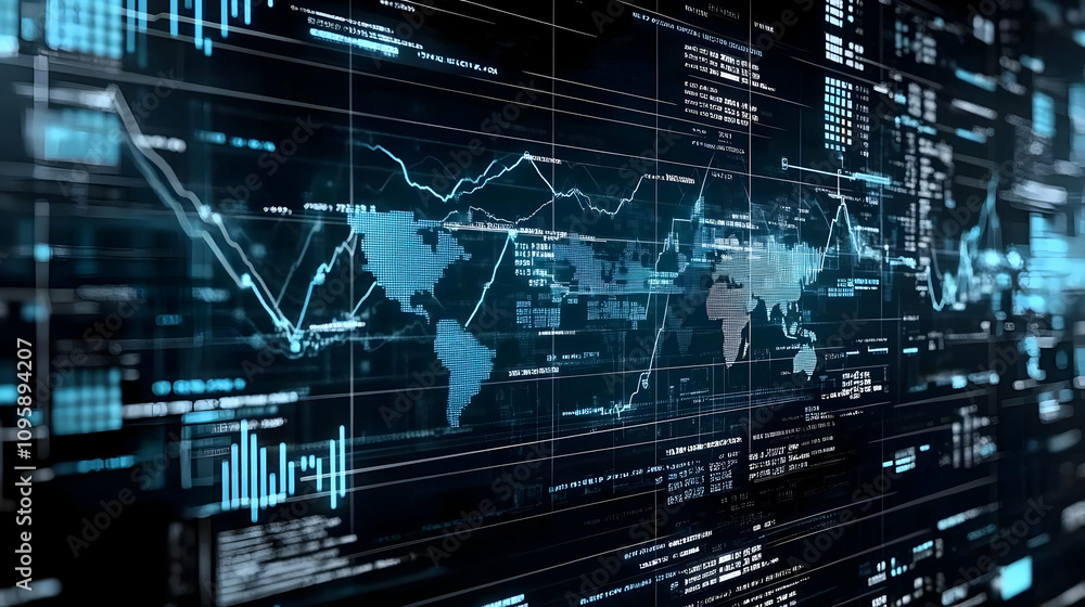 Poster digital world map with data and graphs - illustration