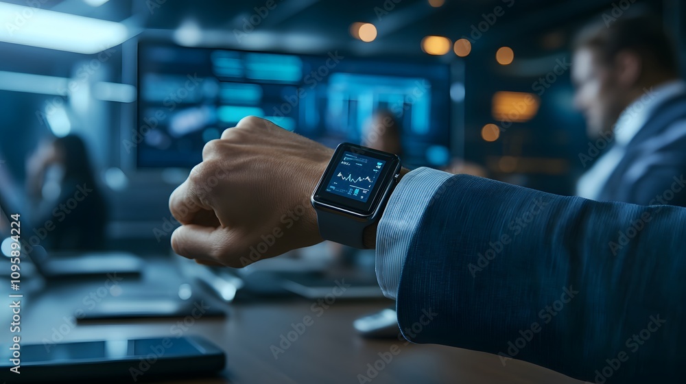 Aufkleber A professional using a smartwatch to monitor real-time task updates during a meeting in a tech-enabled workspace. 4k resolution, Cinematic Scene