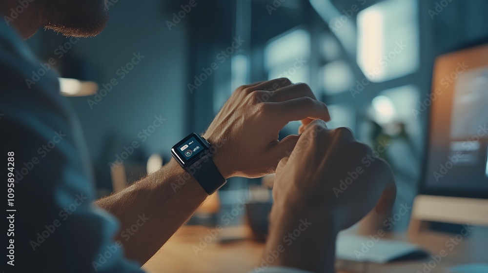 Poster A professional using a wearable smart device to track progress and set reminders in a dynamic workspace. 4k resolution, Cinematic Scene