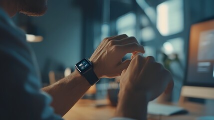 A professional using a wearable smart device to track progress and set reminders in a dynamic workspace. 4k resolution, Cinematic Scene