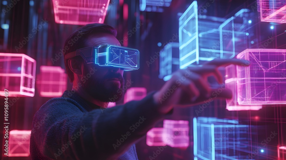 Poster A professional interacting with AR-driven blockchain diagrams for supply chain optimization in a hybrid workspace. 4k resolution, Cinematic Scene