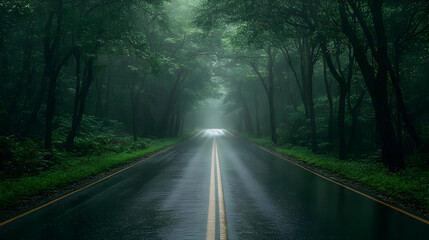 Fototapeta premium Rainy Road Through Lush Forest - Realistic Image