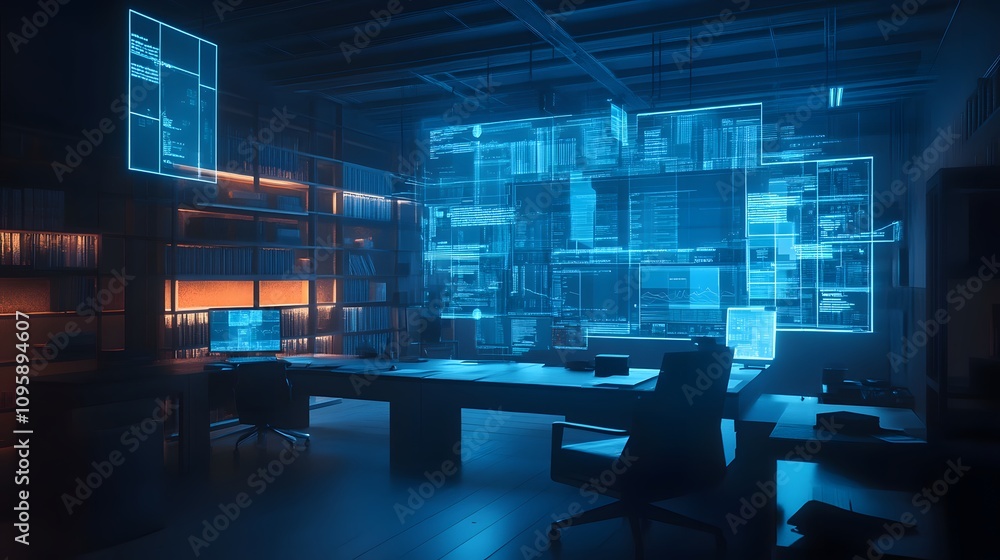 Poster A collaborative workspace where blockchain data visualization tools are accessed through AR systems for team analysis. 4k resolution, Cinematic Scene