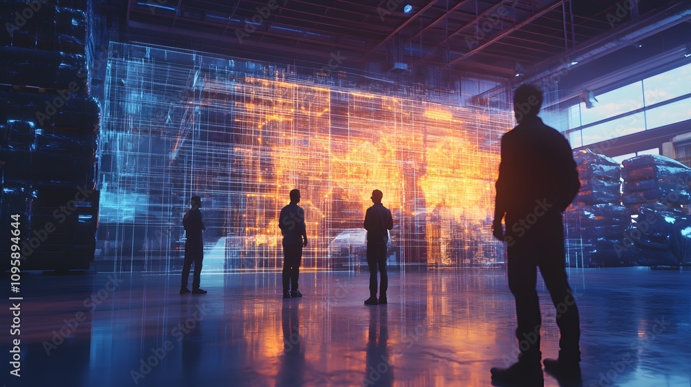 Poster A team collaborating on blockchain-enhanced logistics visualization using AR applications in a hybrid setting. 4k resolution, Cinematic Scene