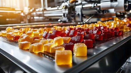 Closeup of a Production Line Conveyor Belt with Jelly Cubes - Realistic Image