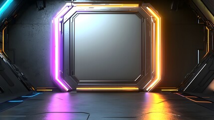 Holographic tech-inspired design with glowing edges and a central blank text area