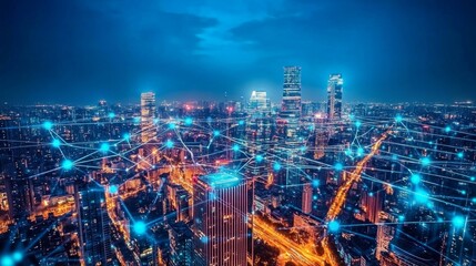Fototapeta premium Night cityscape with glowing network connections illustrating digital connectivity and urban development.