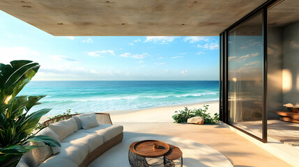 Fototapeta premium Ocean View Patio with Tropical Plants - 3D Illustration