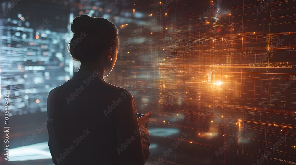 Poster A professional analyzing blockchain-backed risk management models through AR-driven hybrid collaboration tools. 4k resolution, Cinematic Scene