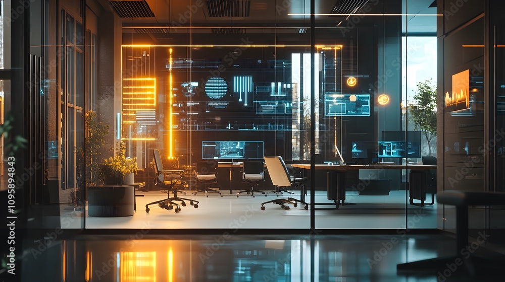 Poster A sleek office showcasing AR tools for blockchain analytics in hybrid business models. 4k resolution, Cinematic Scene