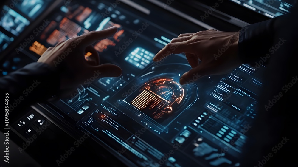 Poster A professional analyzing holographic data insights on a futuristic dashboard in a modern workspace. 4k resolution, Cinematic Scene