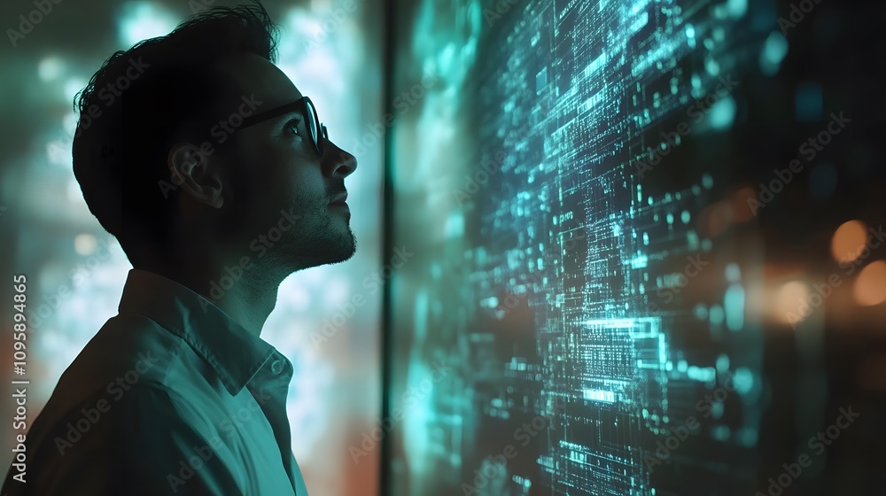 Poster A professional presenting blockchain transaction flows displayed on AR visualization systems in a collaborative session. 4k resolution, Cinematic Scene