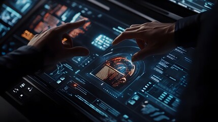 A professional analyzing holographic data insights on a futuristic dashboard in a modern workspace. 4k resolution, Cinematic Scene