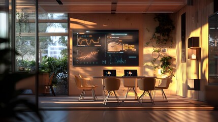 A hybrid coworking hub featuring AR tools for blockchain-powered market trend analysis and visualization. 4k resolution, Cinematic Scene