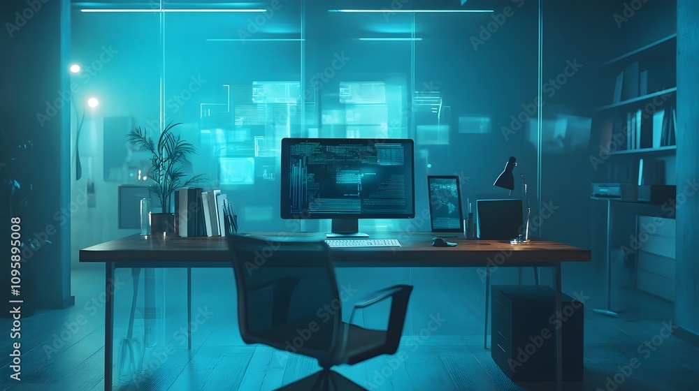 Poster A sleek office setup where holographic insights are used to optimize business strategies. 4k resolution, Cinematic Scene